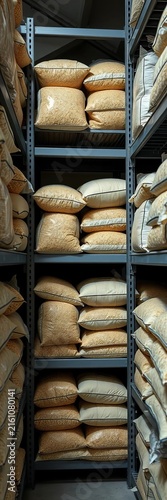 Stacked Beige Storage Sacks on Metal Warehouse Shelves