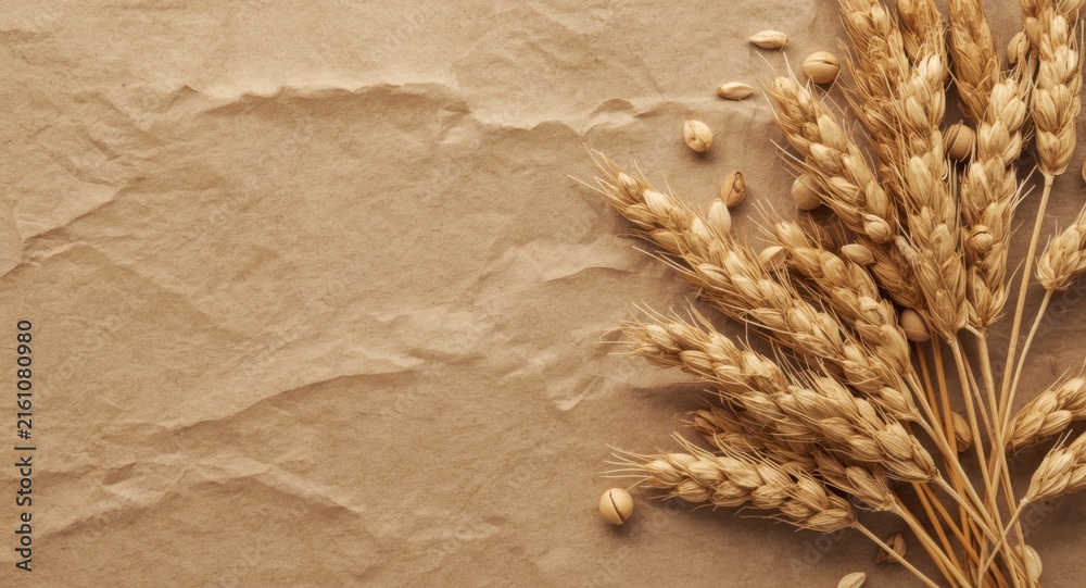 Fototapeta premium Dried Wheat Stalks on Crumpled Brown Paper Background in Soft Natural Light
