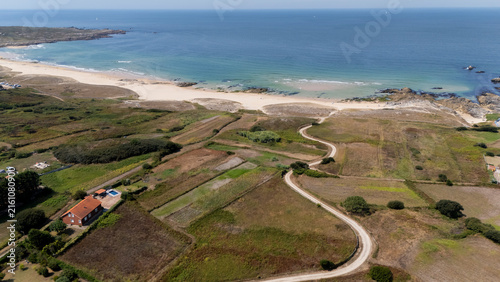 Aerial view of sandy beach and rural Atlantic coastline in Galicia, Spain.Scenic summer view illustrating the wild and relatively undeveloped character of Galicia’s Atlantic coastline.