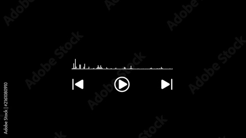 Audio waveform player with white frequency visualization, playback controls and timeline on a black background for digital sound interface design