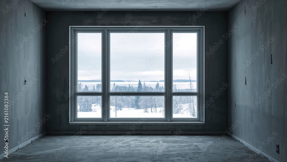 Fototapeta premium Empty Room with Large Windows Overlooking a Snowy Landscape in Soft Light
