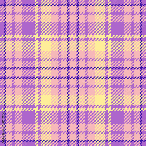 Korean fabric plaid seamless, menu tartan check texture. Twill pattern vector textile background in purple and light colors.