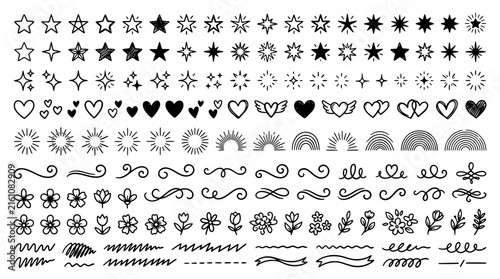 Doodle element icon set in a hand drawn style including stars, hearts, sunbursts, rainbows, flowers, swirls, dividers and floral flourishes.