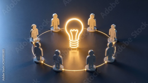 Team figures connected in circle around glowing light bulb, concept of swift collective innovation