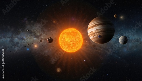 Obraz na płótnie Solar System with Sun and Planets Against Starry Background