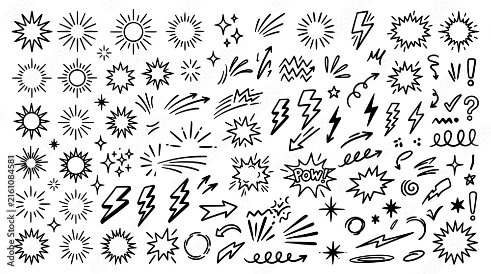 Fototapeta premium Doodle element icon set in a hand-drawn style including sunbursts, lightning bolts, stars, comic explosions, arrows and abstract decorative shapes.