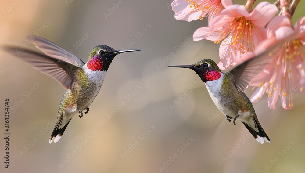 Naklejka premium Two Hummingbirds Hovering Near Cherry Blossom Flowers in Soft Light