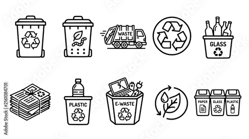 Recycling icon set in a flat line style including waste bins, garbage truck, paper sorting, glass collection, plastic bottles and e-waste.