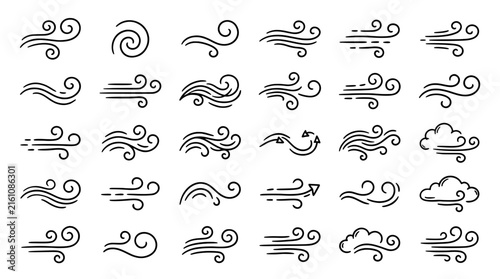 Wind and air flow icon set in a hand drawn doodle style including breeze, gust, cyclone, storm clouds and motion lines.