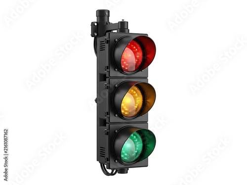 Traffic light showing red, yellow, and green lights isolated on white background