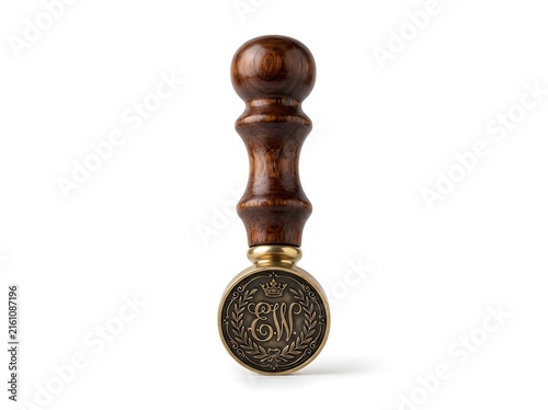 Antique wooden wax seal with monogram stamp isolated on white background