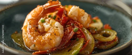 Obraz  z motywem Garlic Shrimp Stir Fry with Peppers and Onions on Dark Plate