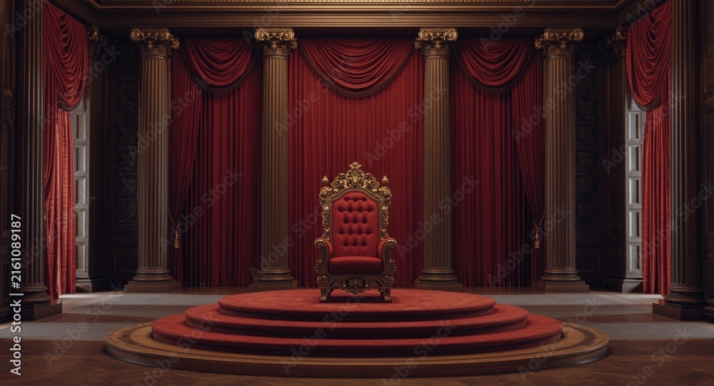 Fototapeta premium Regal Throne on a Circular Carpet in an Opulent Red Draped Room