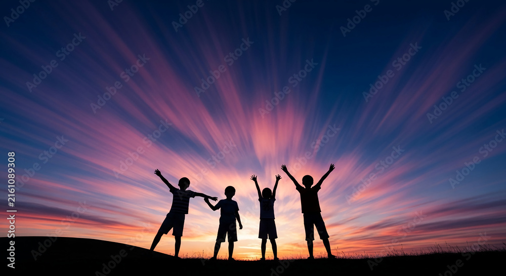 Fototapeta premium Silhouettes of children with raised arms against a dramatic sunset sky, symbolizing joy, freedom, and optimism.