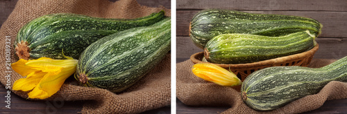 Obraz na płótnie two zucchini on sackcloth and wooden background with flower