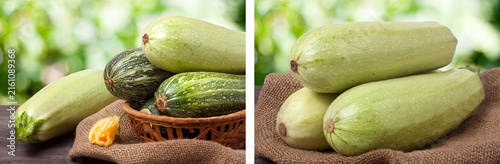Obraz na płótnie green zucchini and courgettes on sackcloth with a blurred background
