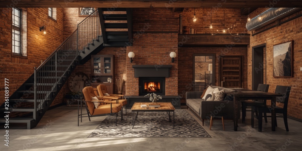 Fototapeta premium Cozy Living Room with Fireplace and Rustic Decor in a Brick Interior