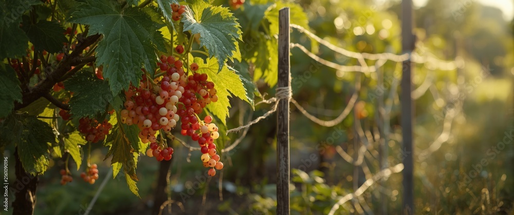 Naklejka premium Ripe Grapes Growing on a Vine in a Sunlit Vineyard during Golden Hour