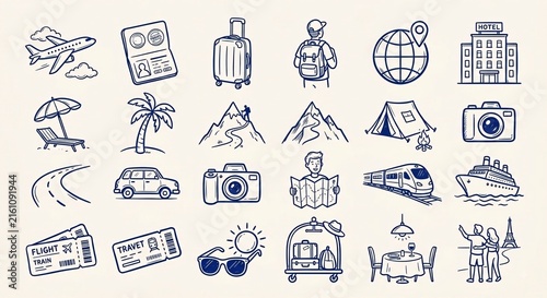 Travel and Vacation Hand Drawn Doodle Icon Set .Generative AI