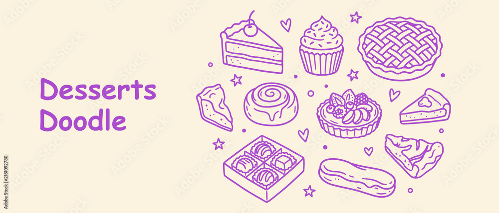 Obraz premium Dessert Doodles Vector Set with Cake Slice, Cupcake, Pie, Cinnamon Roll, Tart, and Sweets Line Art Illustration