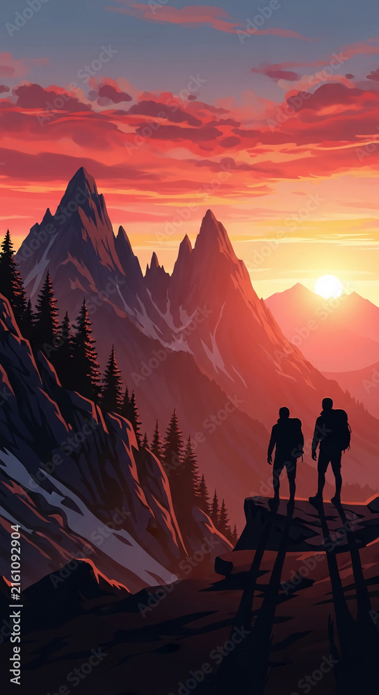 Naklejka premium Two hikers stand on a rocky ledge overlooking a mountain range at sunset, symbolizing adventure, exploration, and the beauty of nature