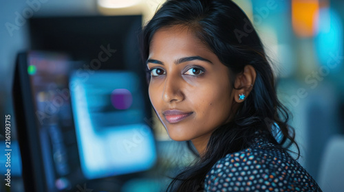 young indian woman working on computer at office