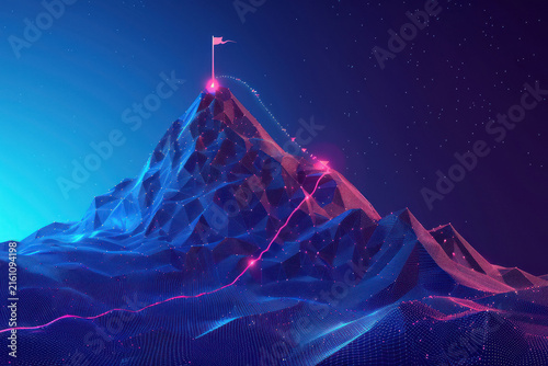 flag on the top of mountain on blue technology background