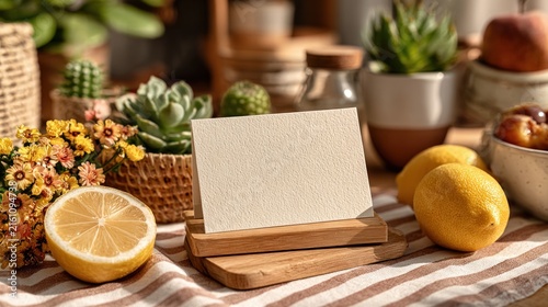 Small card on a table with a lemon and a bowl of fruit mockup gift card concept copy space