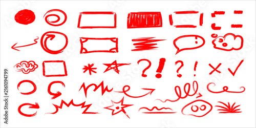 Set of hand drawn red brush stroke shapes arrows and design elements for digital annotation and highlighting