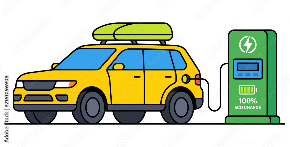 Naklejka premium Electric SUV Charging Station Vector – Yellow EV Car with Roof Box Illustration