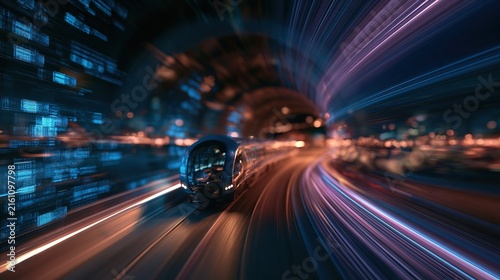 Technological abstract illustration of digital data pathway, neon light lines converging to central vanishing point with warp‑speed radial motion