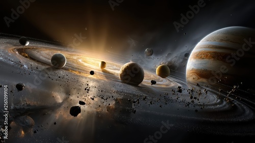 A stunning depiction of planets and celestial rings in a vibrant solar system. Glowing light illuminates cosmic dust and asteroids, creating a mesmerizing space scene.