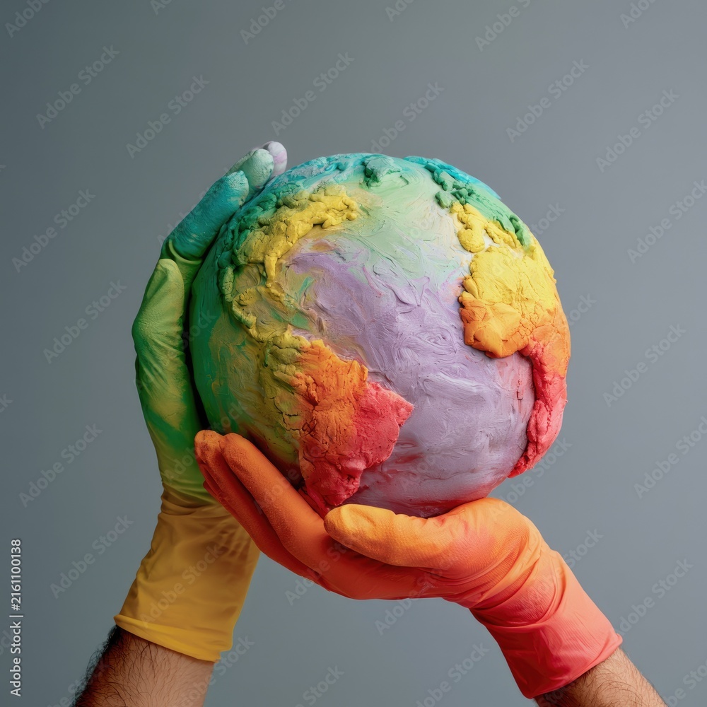 Fototapeta premium Hands in colorful gloves cradle a bright, abstract planet