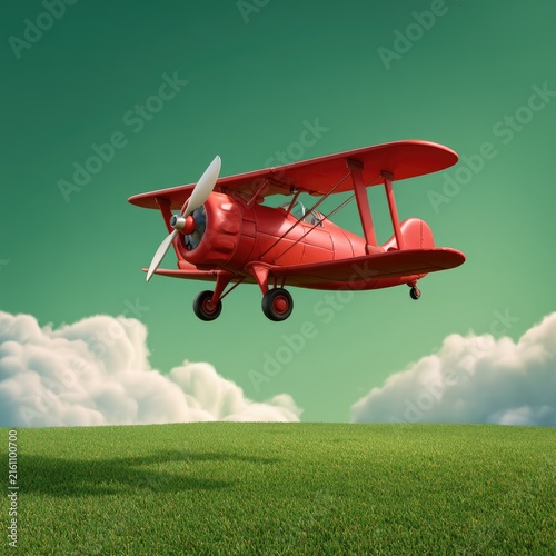Bright red biplane soars joyfully above a lush green field