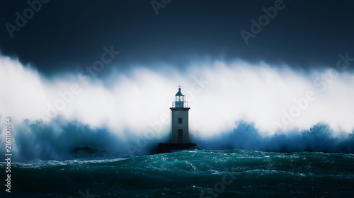 A lonely lighthouse enduring a powerful storm with turbulent ocean waves crashing against it, representing hope, guidance, and unwavering stability in challenging times.