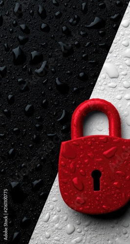 Red padlock rests on a stark black and white background with water droplets