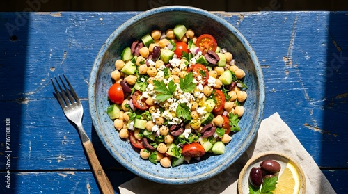 Healthy chickpea salad bowl with fresh vegetables and herbs outdoors