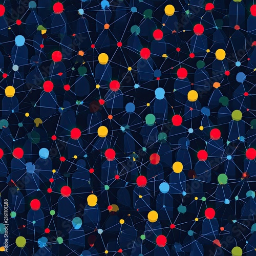 Abstract network of colorful dots and silhouetted people