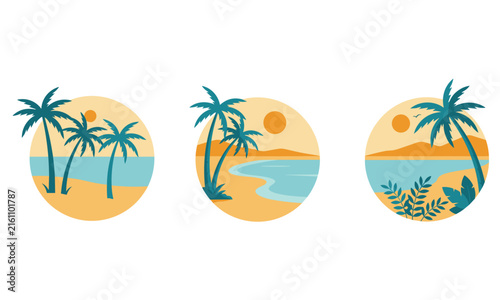 Tropical beach sunset round emblem emblems vector design set