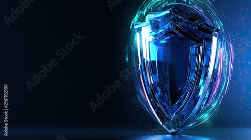 Futuristic digital shield with glowing rings and data streams on dark background