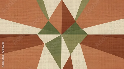 Abstract geometric pattern with warm terracotta, muted green, and cream shapes in a symmetrical design