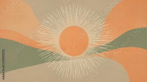 Abstract sunrise or sunset design with rays emanating from a central sun, set against flowing, organic shapes in muted earthy tones