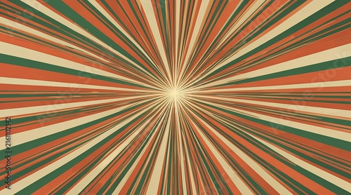 Vintage retro comic speed line background with sunburst rays in green, orange, and cream colors