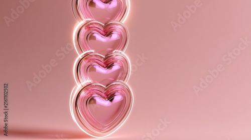 Four shiny, rose-gold, heart-shaped ornaments stacked vertically