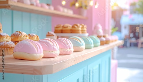 Pastel Frosted Pastries Arranged on Wooden Counter in Bright Bakery