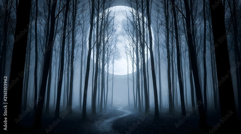 Obraz premium A hauntingly beautiful and mysterious halloween forest scene bathed in the eerie glow of a full moon evokes a sense of wonder and spooky anticipation