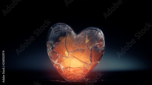 Broken glass heart with internal glowing light symbolizing emotional pain, heartbreak, loss, and the enduring resilience of love amidst difficult and shattered experiences.