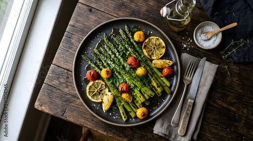 Healthy asparagus dish with lemon and cherry tomatoes overhead shot