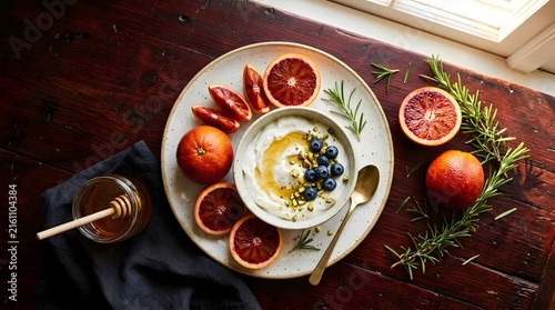 Healthy breakfast bowl with fruit and honey overhead view