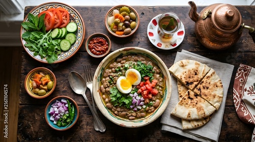 Healthy traditional food spread with fresh ingredients and bread